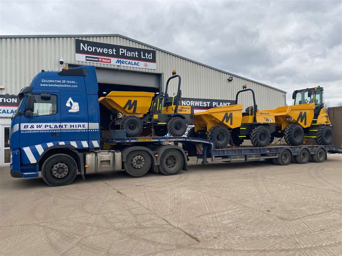 Mecalac site dumpers being transported to B&W Plant Hire