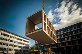 A wooden building module is raised by a crane