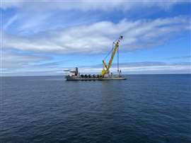 Jan De Nul's heavy-lift vessel Les Alizés installing the first monopile at the Borkum Riffgund 3 offshore wind farm