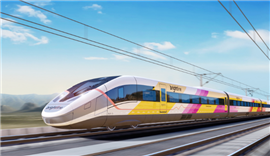 Digital render of a high-speed train running on the planned Brightline West line