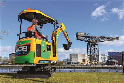 One of Sunbelt's JCB electric mini excavators, pictured on the Clyde River in Glasgow, Scotland.