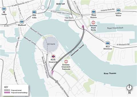 A map showing where the Silvertown Tunnel will be built