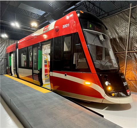 A mock-up of the new light rail vehicle that will be used on the Calgary Green Line LRT